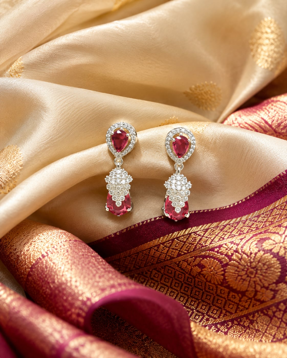 FeelOri Petite Pink Silver Rhodium CZ Drop Earrings - silk styling view