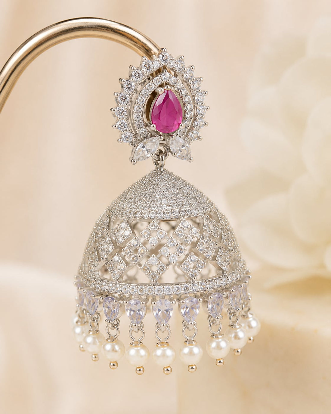 FeelOri Pink Sunburst Silver Rhodium CZ Lattice Jhumka Earrings - construction detail