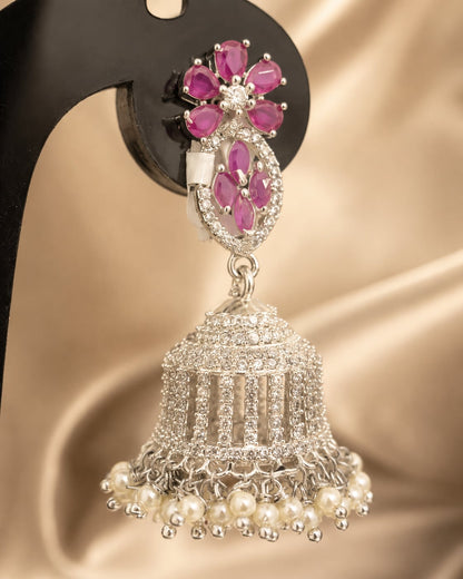 FeelOri Pink Floral Silver Rhodium CZ Long Jhumka Earrings - construction detail