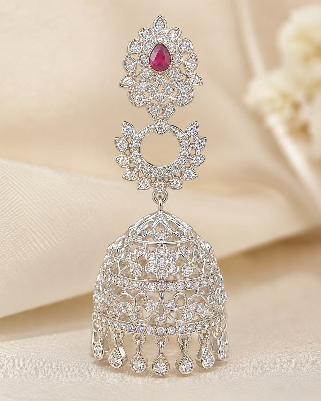 FeelOri Pink Silver Rhodium CZ Three Tier Jhumka Earrings - construction detail