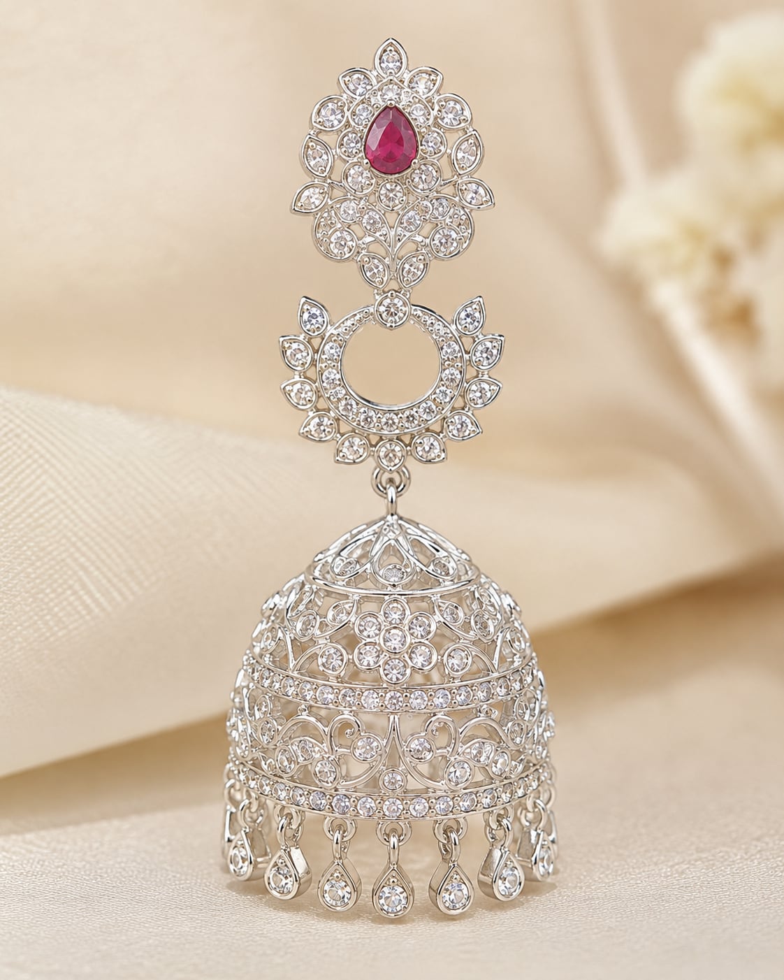 FeelOri Pink Silver Rhodium CZ Three Tier Jhumka Earrings - construction detail