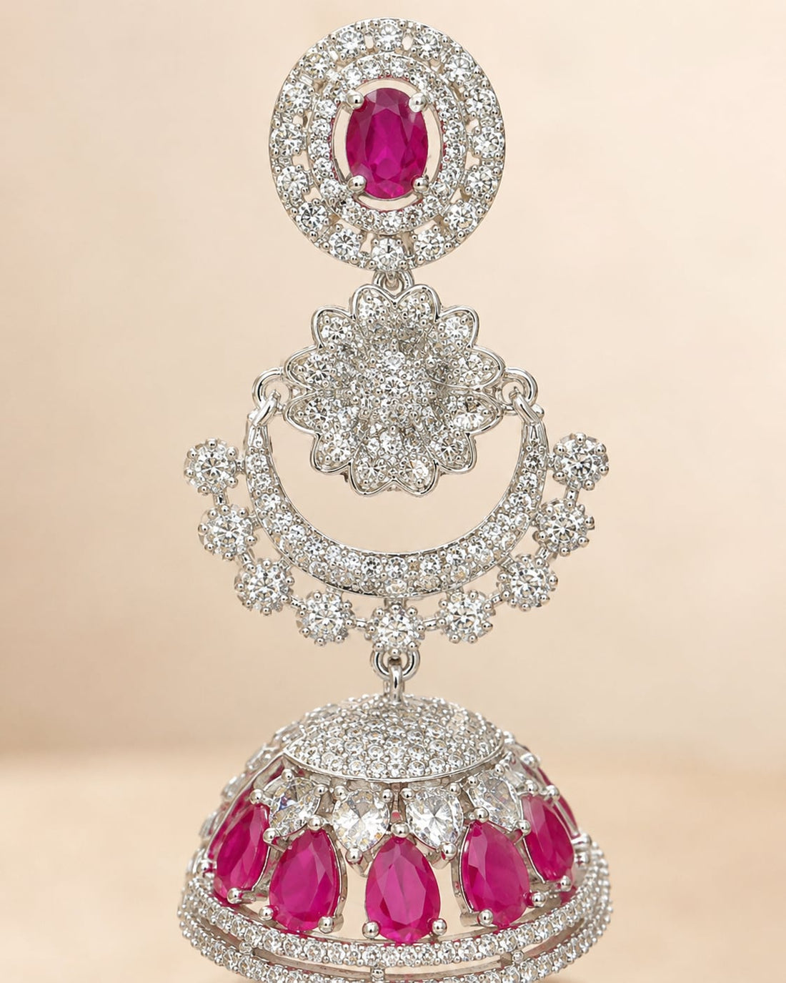 FeelOri Pink Silver Rhodium CZ Three Tier Pearl Look Jhumka Earrings - construction detail