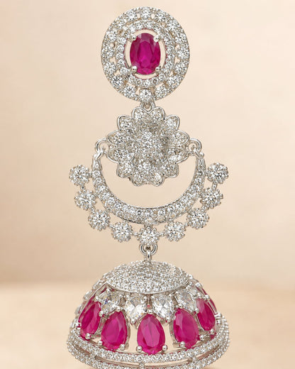 FeelOri Pink Silver Rhodium CZ Three Tier Pearl Look Jhumka Earrings - construction detail