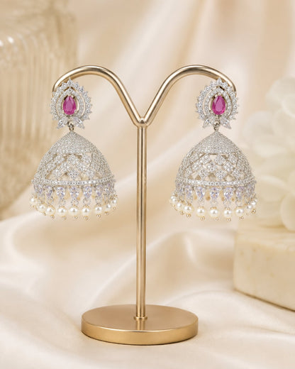 FeelOri Pink Sunburst Silver Rhodium CZ Lattice Jhumka Earrings - display view