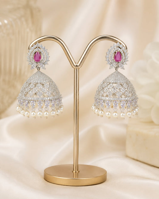 FeelOri Pink Sunburst Silver Rhodium CZ Lattice Jhumka Earrings - display view