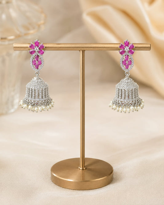 FeelOri Pink Floral Silver Rhodium CZ Long Jhumka Earrings - display view