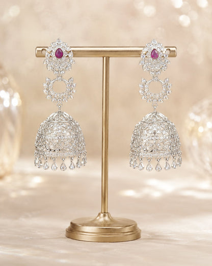 FeelOri Pink Silver Rhodium CZ Three Tier Jhumka Earrings - display view