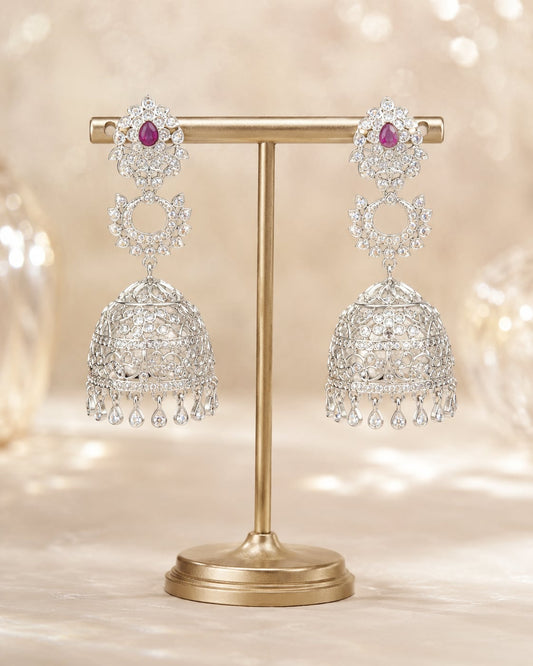 FeelOri Pink Silver Rhodium CZ Three Tier Jhumka Earrings - display view