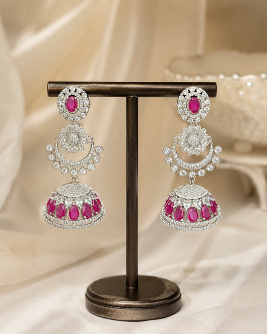 FeelOri Pink Silver Rhodium CZ Three Tier Pearl Look Jhumka Earrings - display view