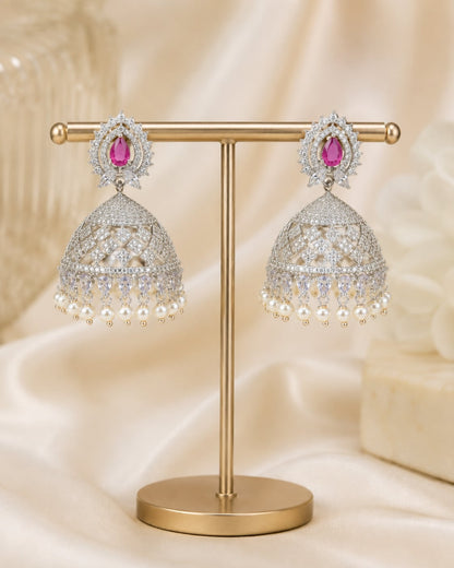 FeelOri Pink Sunburst Silver Rhodium CZ Lattice Jhumka Earrings - main catalogue view