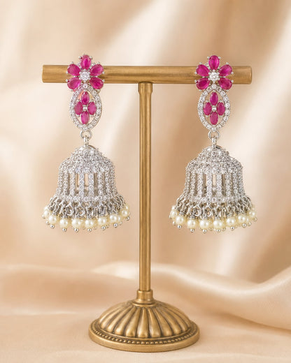 FeelOri Pink Floral Silver Rhodium CZ Long Jhumka Earrings - main catalogue view