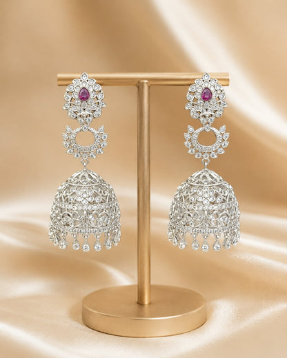 FeelOri Pink Silver Rhodium CZ Three Tier Jhumka Earrings - main catalogue view