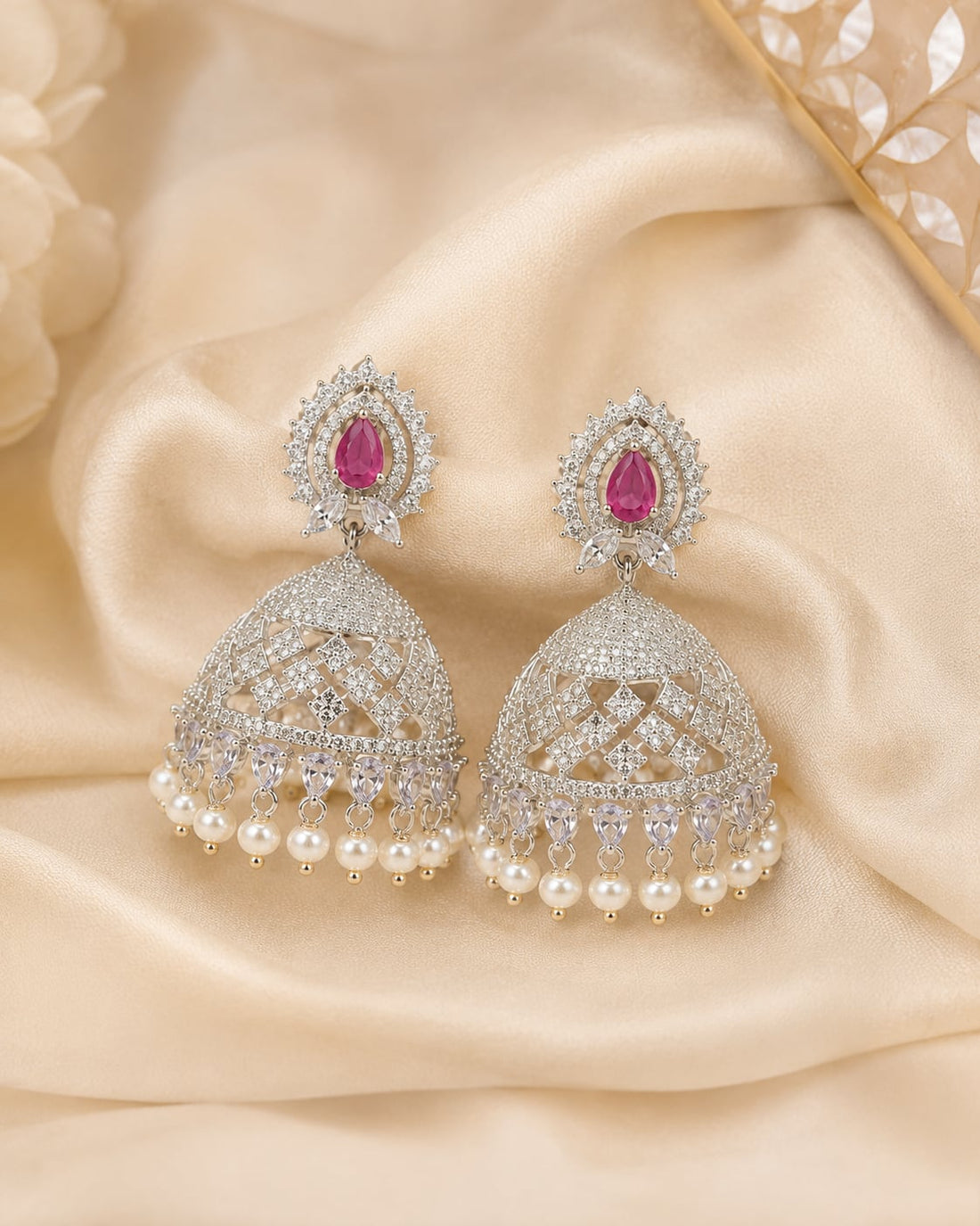 FeelOri Pink Sunburst Silver Rhodium CZ Lattice Jhumka Earrings - silk styling view