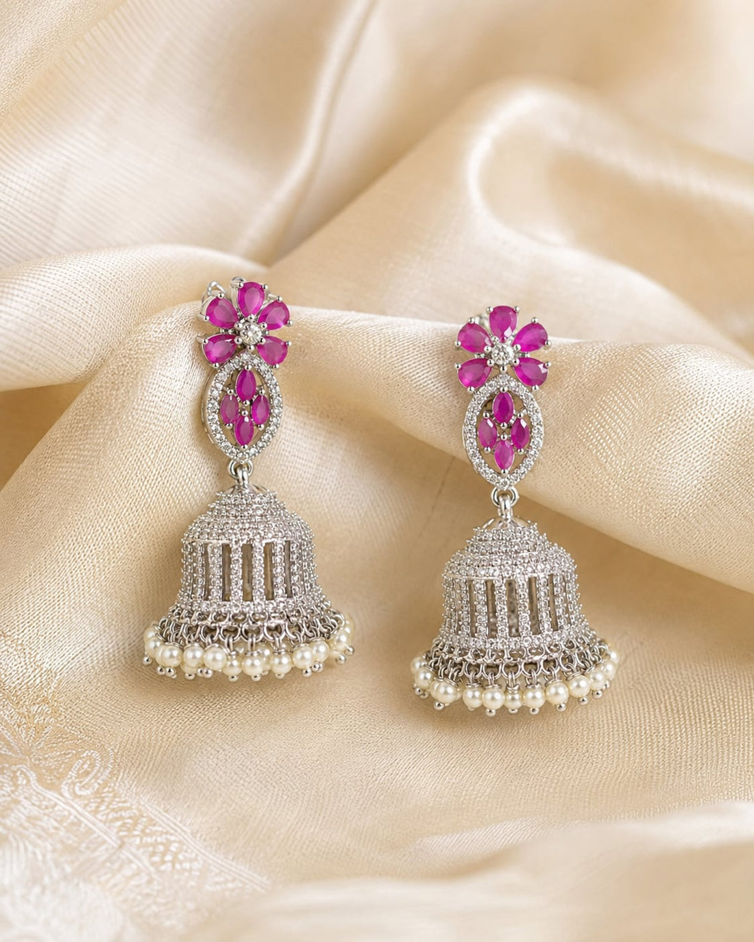 FeelOri Pink Floral Silver Rhodium CZ Long Jhumka Earrings - silk styling view
