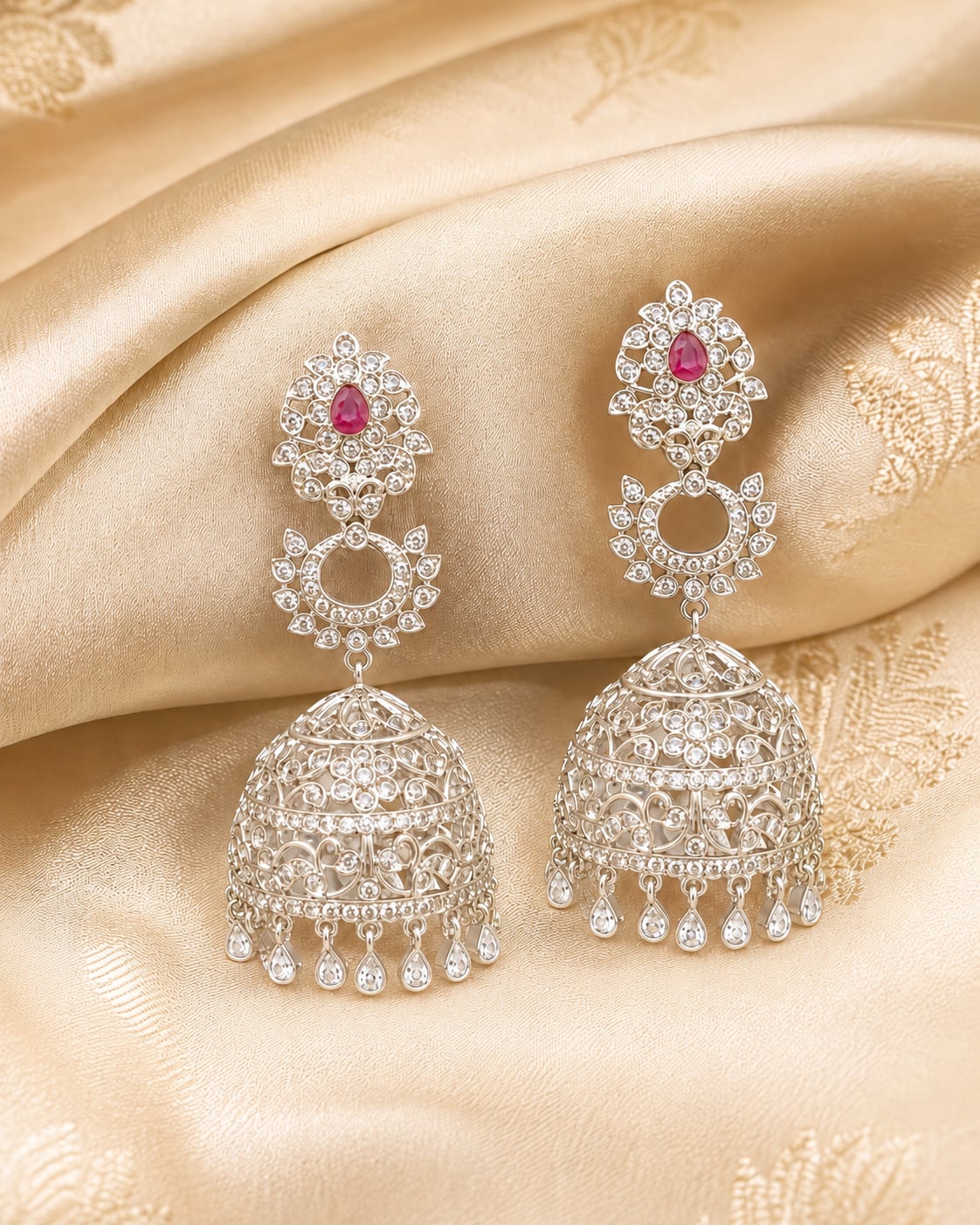 FeelOri Pink Silver Rhodium CZ Three Tier Jhumka Earrings - silk styling view
