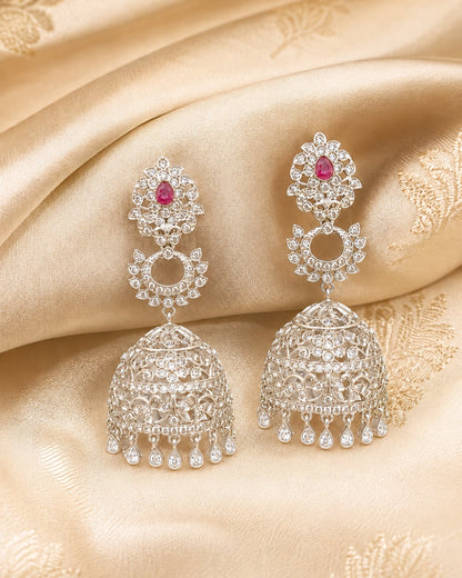 FeelOri Pink Silver Rhodium CZ Three Tier Jhumka Earrings - silk styling view