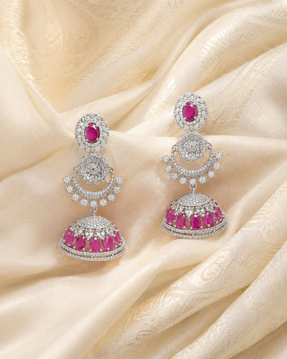 FeelOri Pink Silver Rhodium CZ Three Tier Pearl Look Jhumka Earrings - silk styling view