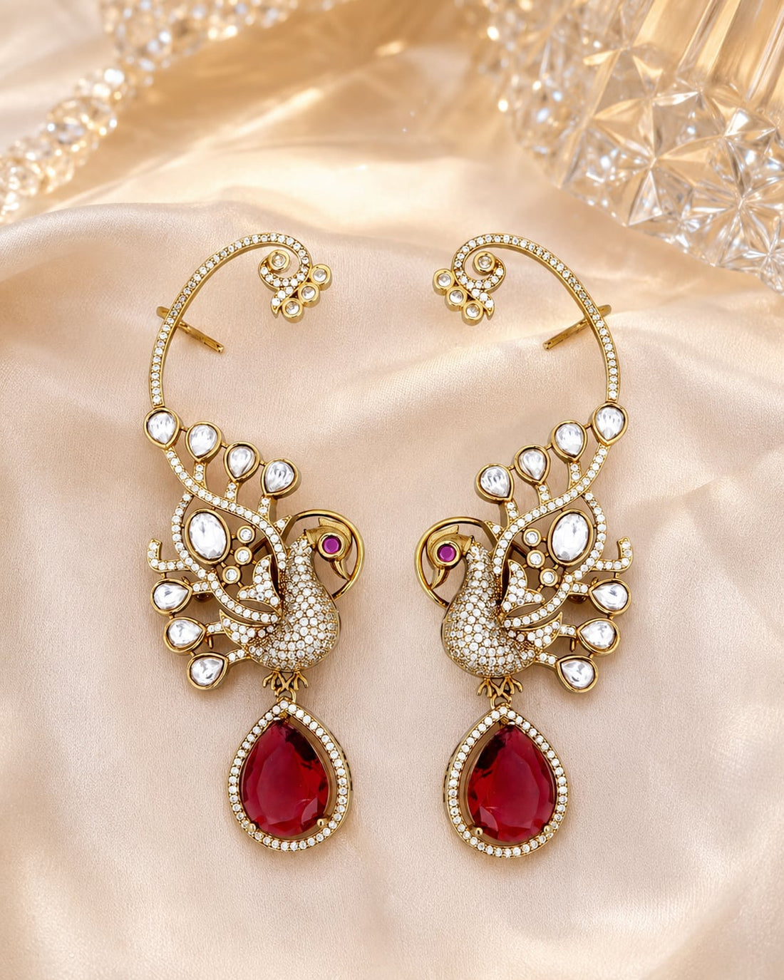 FeelOri ruby-tone matti ear chains for sarees, kurtas, and festive styling