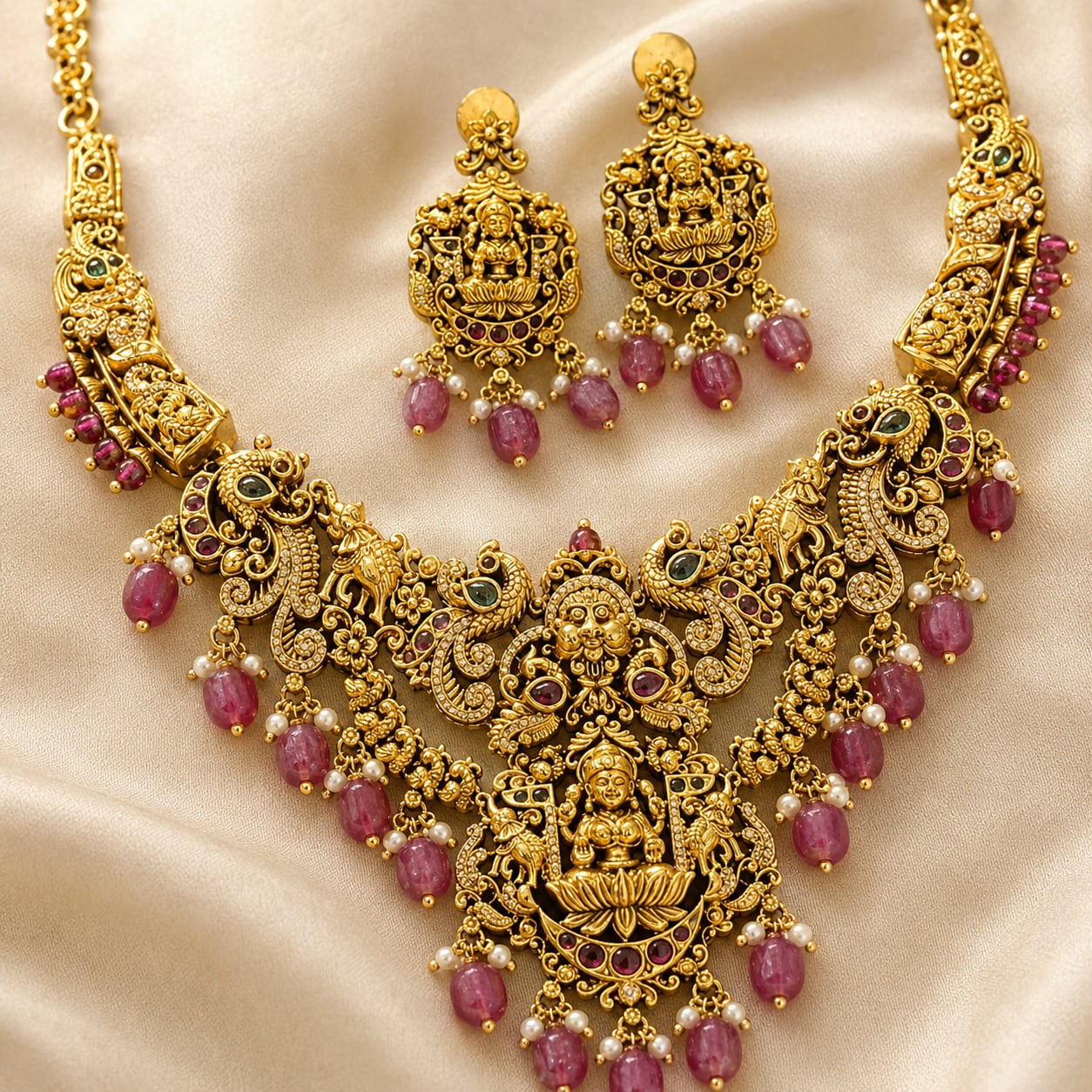 FeelOri ruby-tone necklace set with matching earrings pendant and gold-polished detail