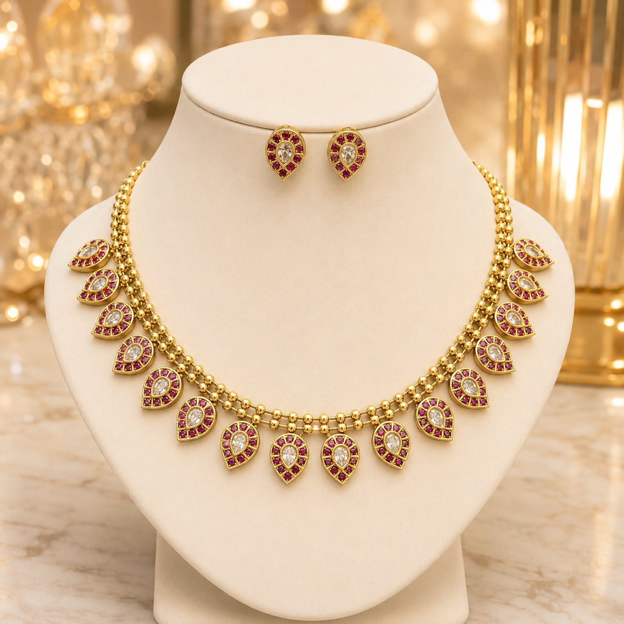 FeelOri ruby-tone necklace set with matching earrings pendant and gold-polished detail