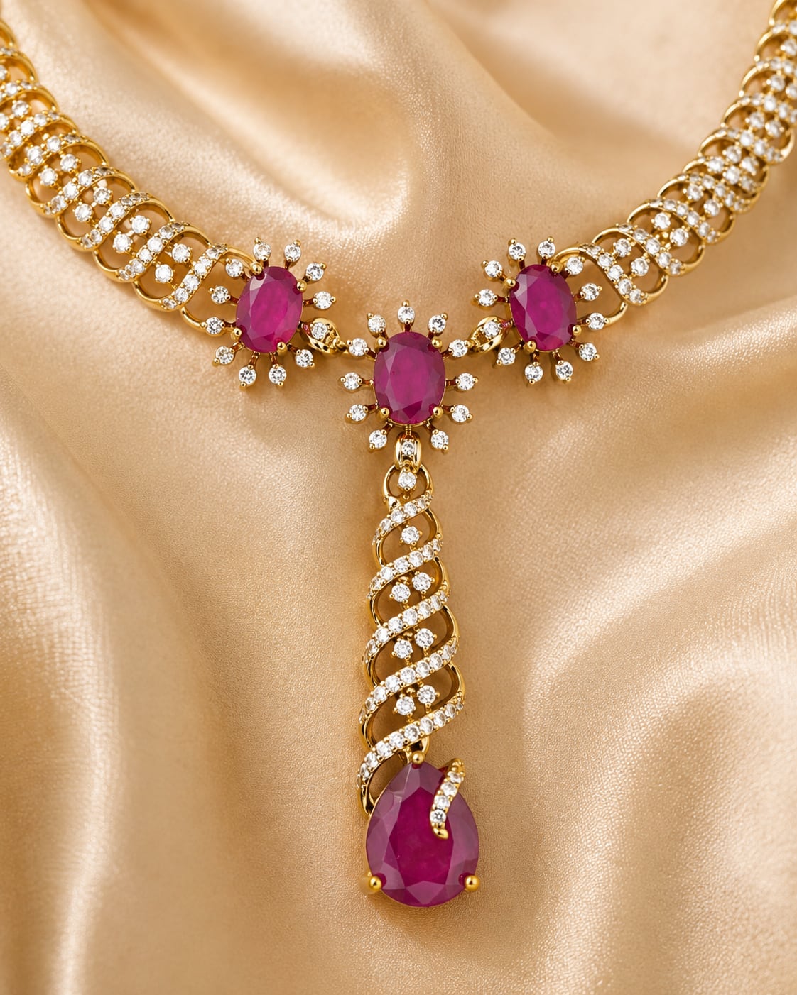 FeelOri ruby-tone necklace set with matching earrings pendant and gold-polished detail