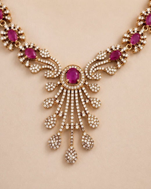 FeelOri ruby-tone necklace set with matching earrings pendant and gold-polished detail