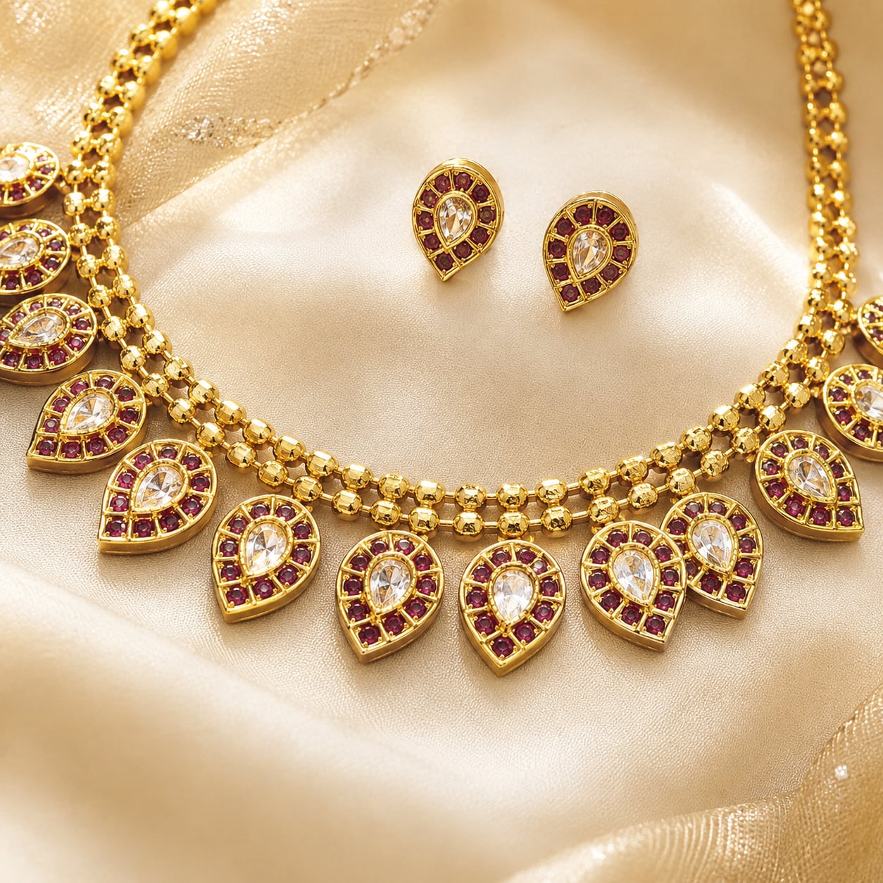 FeelOri ruby-tone necklace set with matching earrings on jewellery display