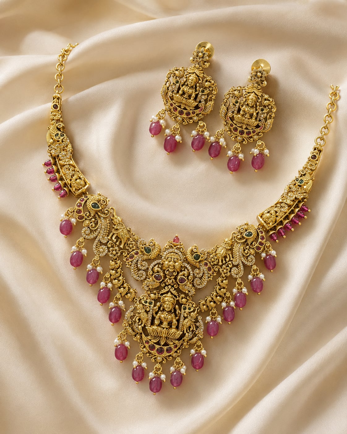 FeelOri ruby-tone necklace set with matching earrings for sarees and festive styling