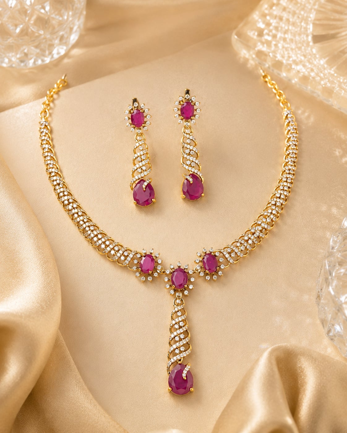FeelOri ruby-tone necklace set with matching earrings for sarees and festive styling