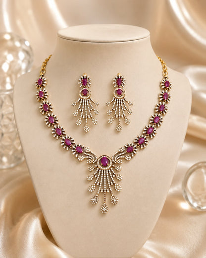 FeelOri ruby-tone necklace set with matching earrings for sarees and festive styling