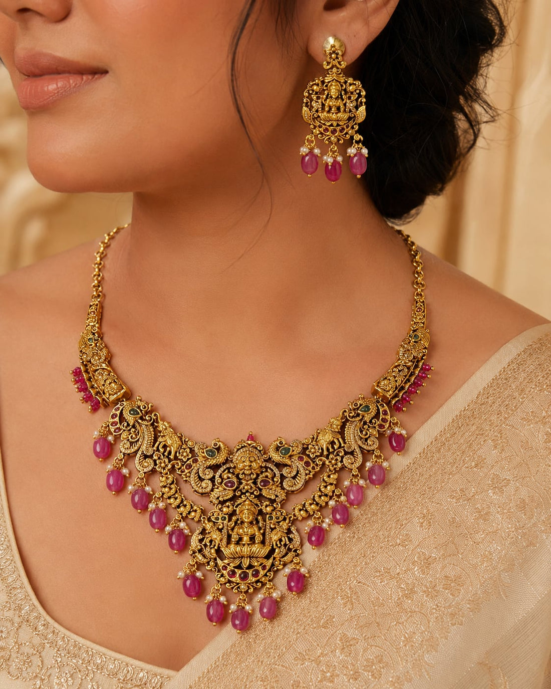 FeelOri ruby-tone necklace set with matching earrings styled with Indian occasion wear