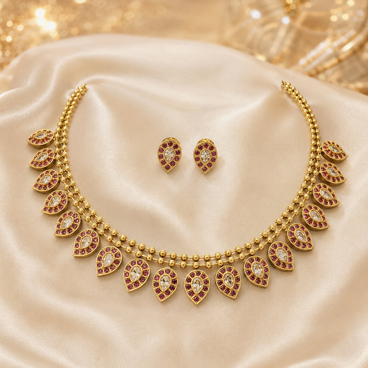 FeelOri ruby-tone necklace set with matching earrings styled with Indian occasion wear