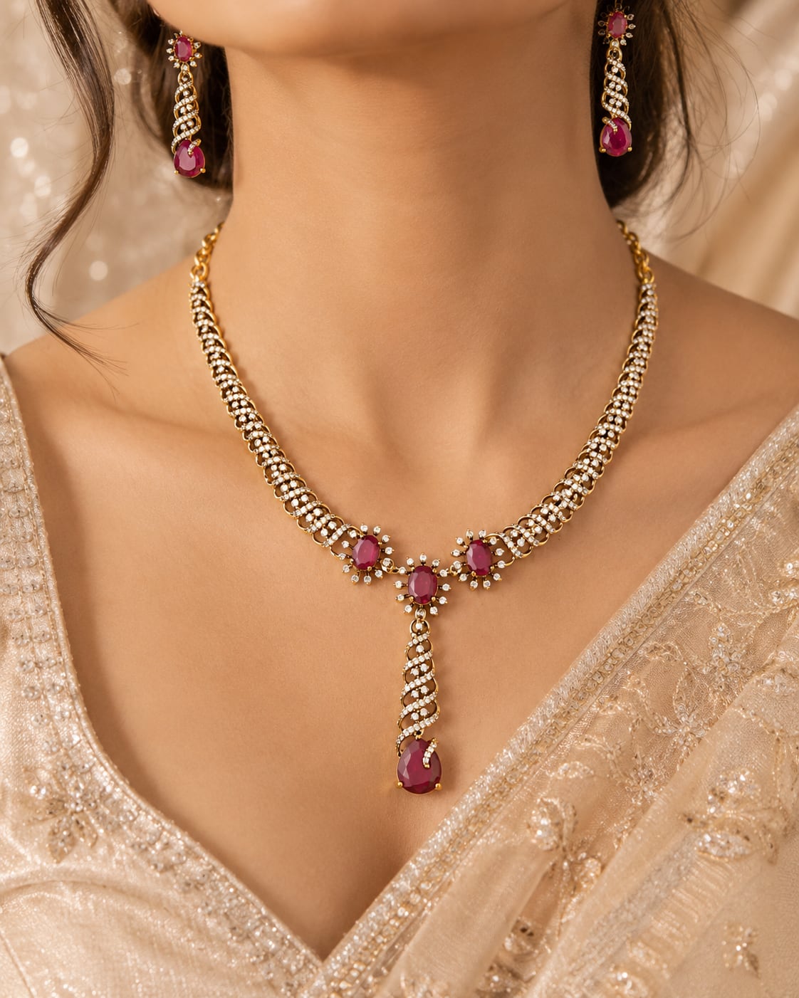 FeelOri ruby-tone necklace set with matching earrings styled with Indian occasion wear