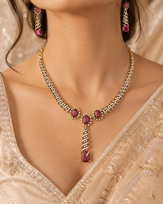 FeelOri ruby-tone necklace set with matching earrings styled with Indian occasion wear