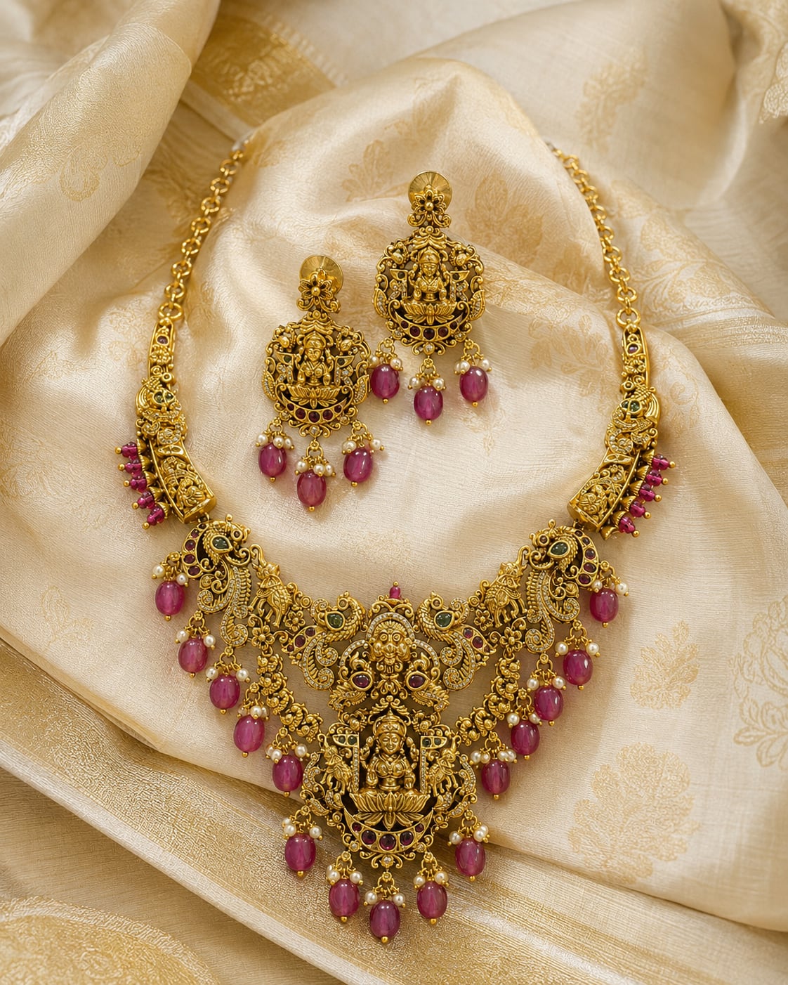 FeelOri ruby-tone necklace set with matching earrings styled with saree fabric for Indian occasion wear
