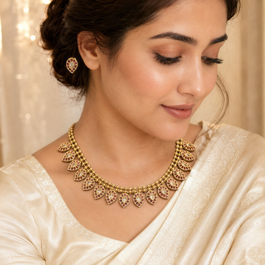 FeelOri ruby-tone necklace set with matching earrings styled with saree fabric for Indian occasion wear