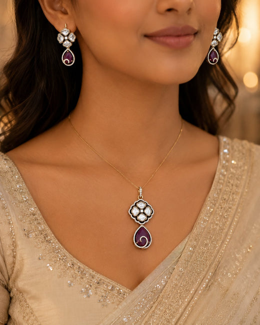 FeelOri ruby-tone pendant set styled with Indian occasion wear