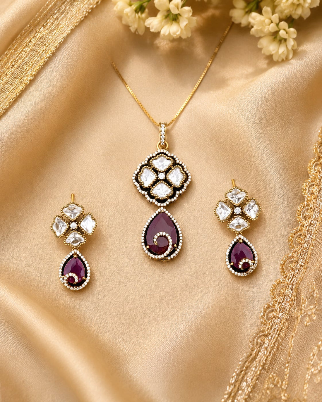 FeelOri ruby-tone pendant set styled with saree fabric for Indian occasion wear