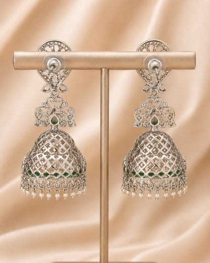 Rear view of FeelOri silver-tone rhodium-finish emerald-fringe CZ jhumka earrings showing push-back closures
