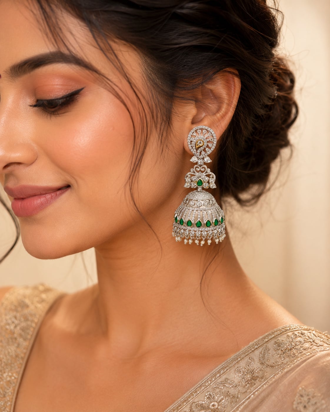 Model wearing FeelOri silver-tone rhodium-finish emerald-fringe CZ jhumka earrings for Indian occasion styling