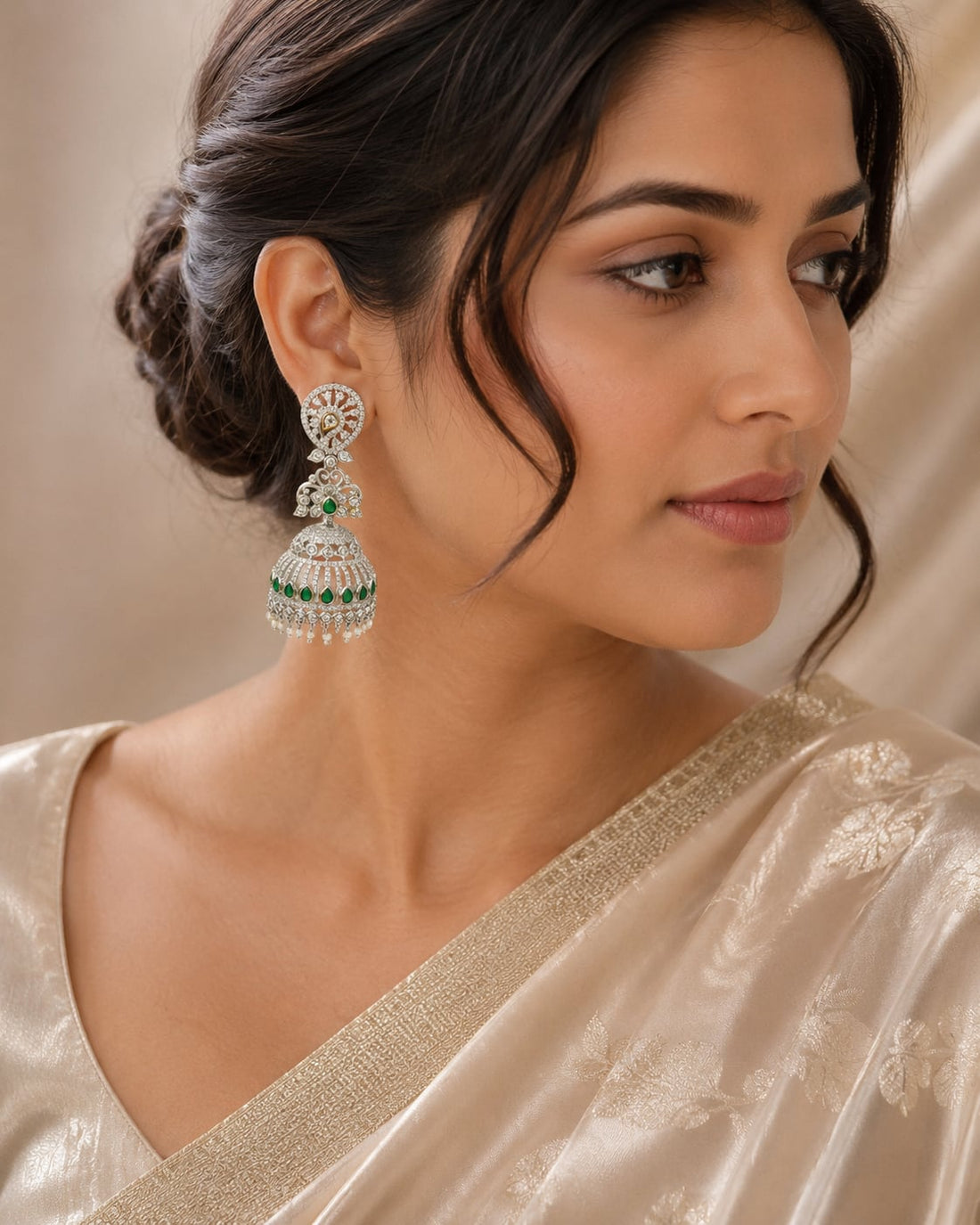FeelOri silver-tone rhodium-finish emerald-fringe CZ jhumka earrings styled with saree fabric