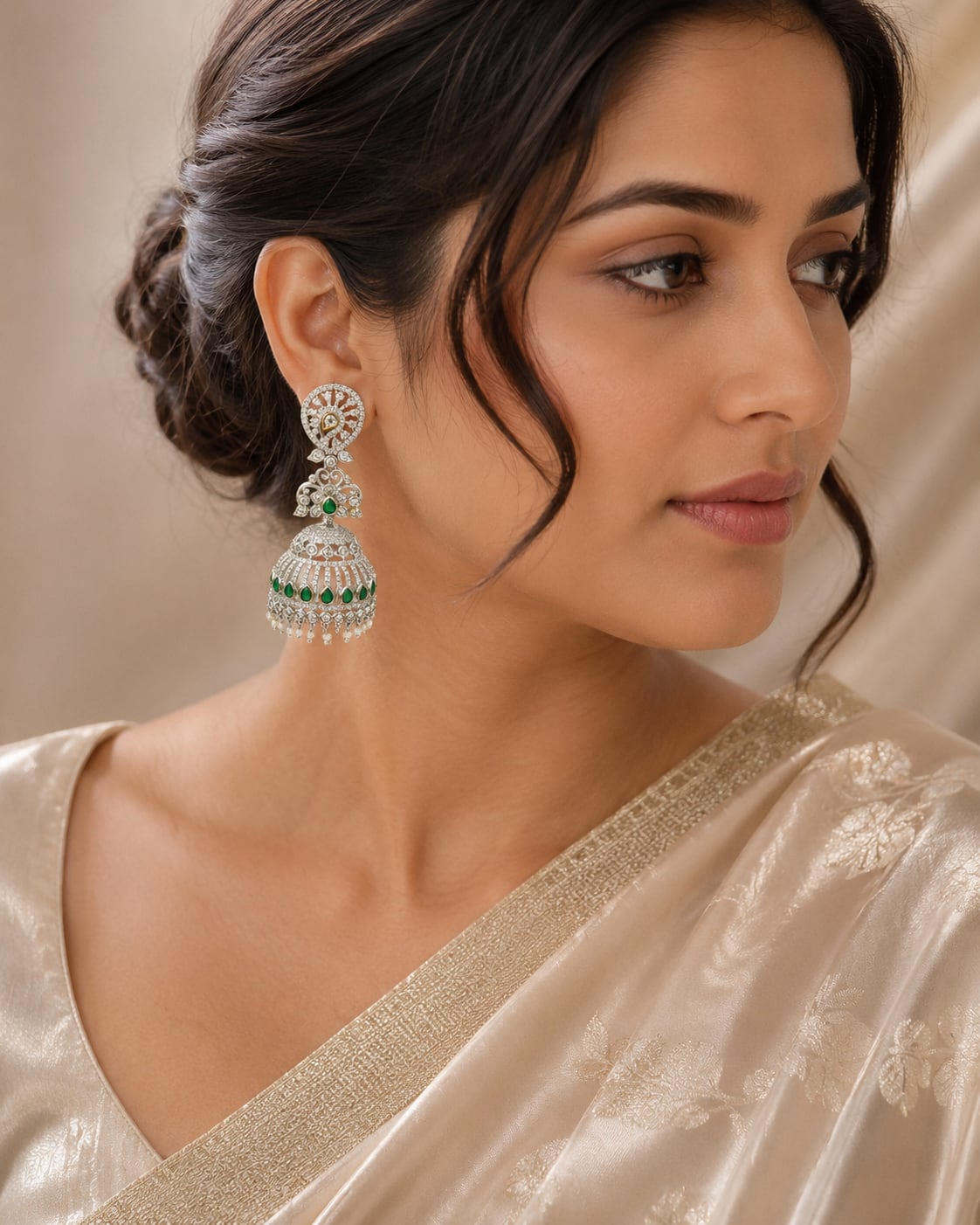 FeelOri silver-tone rhodium-finish emerald-fringe CZ jhumka earrings styled with saree fabric