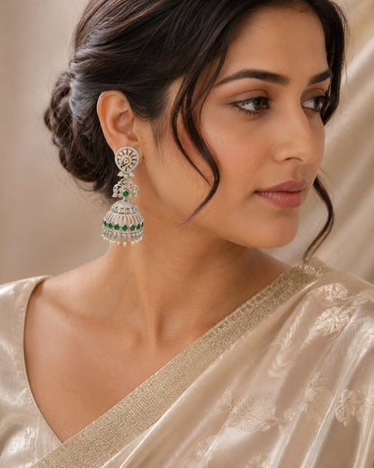 FeelOri silver-tone rhodium-finish emerald-fringe CZ jhumka earrings styled with saree fabric