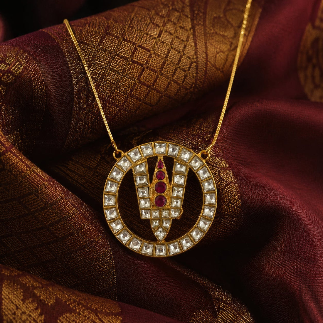 FeelOri jadau kundan pendant styled with saree fabric for Indian occasion wear