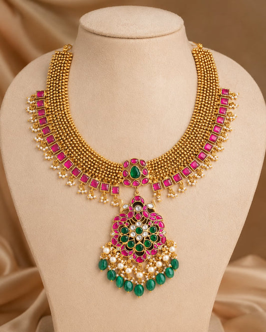 FeelOri statement pendant jadau kundan necklace for pattu saree styling