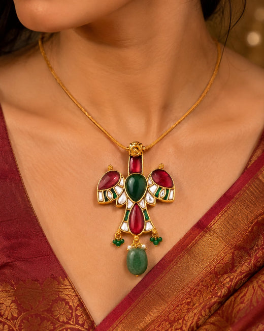FeelOri jadau kundan Gandaberunda-Inspired Heritage Bird Pendant - saree styling view