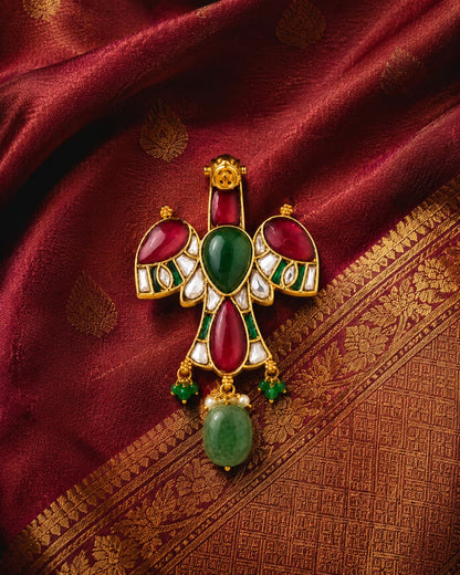FeelOri teardrop floral jadau kundan pendant set listed as pendant set styled with saree fabric