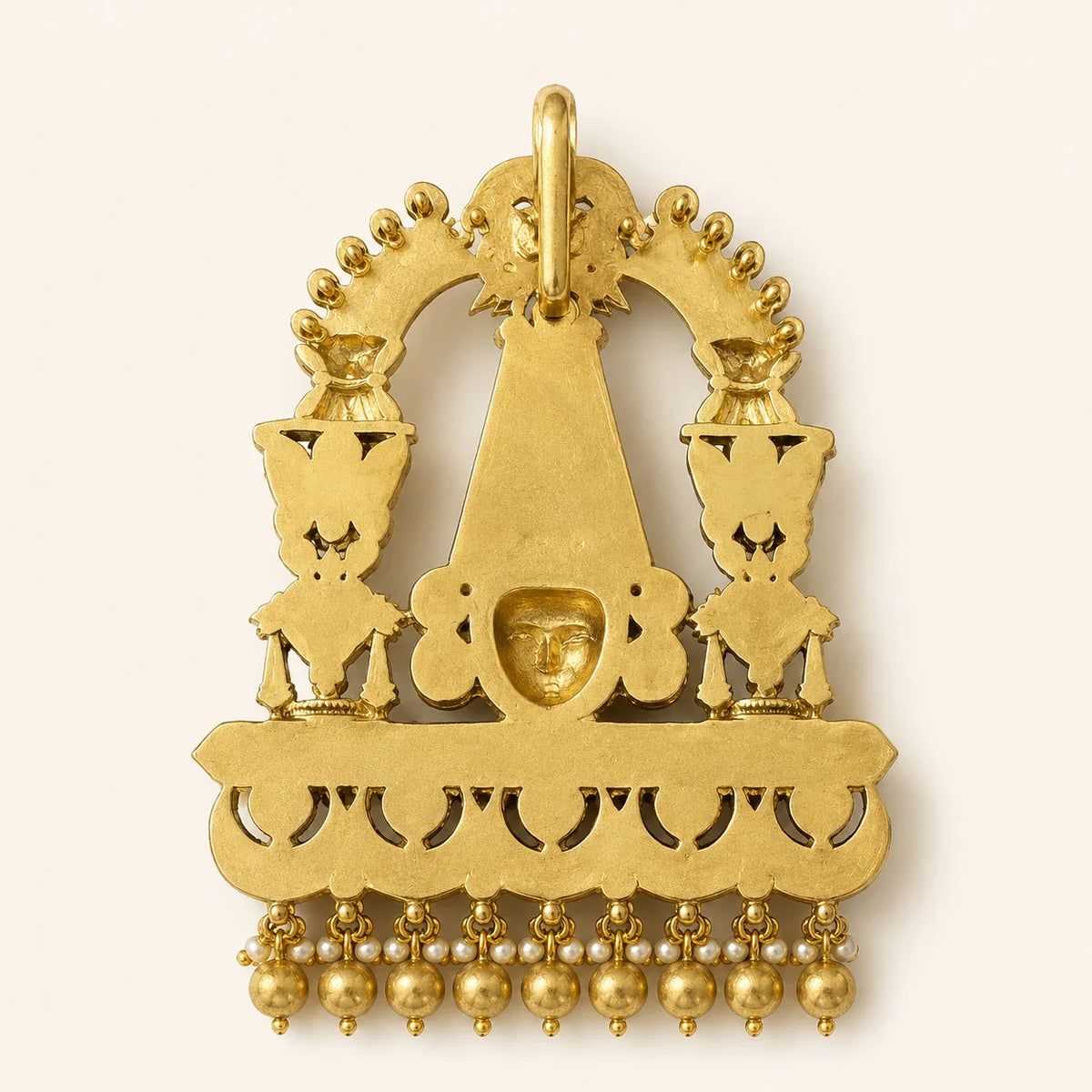 Back view of FeelOri Tirupati Balaji Jadau Kundan temple pendant showing bail, openwork and bead fringe