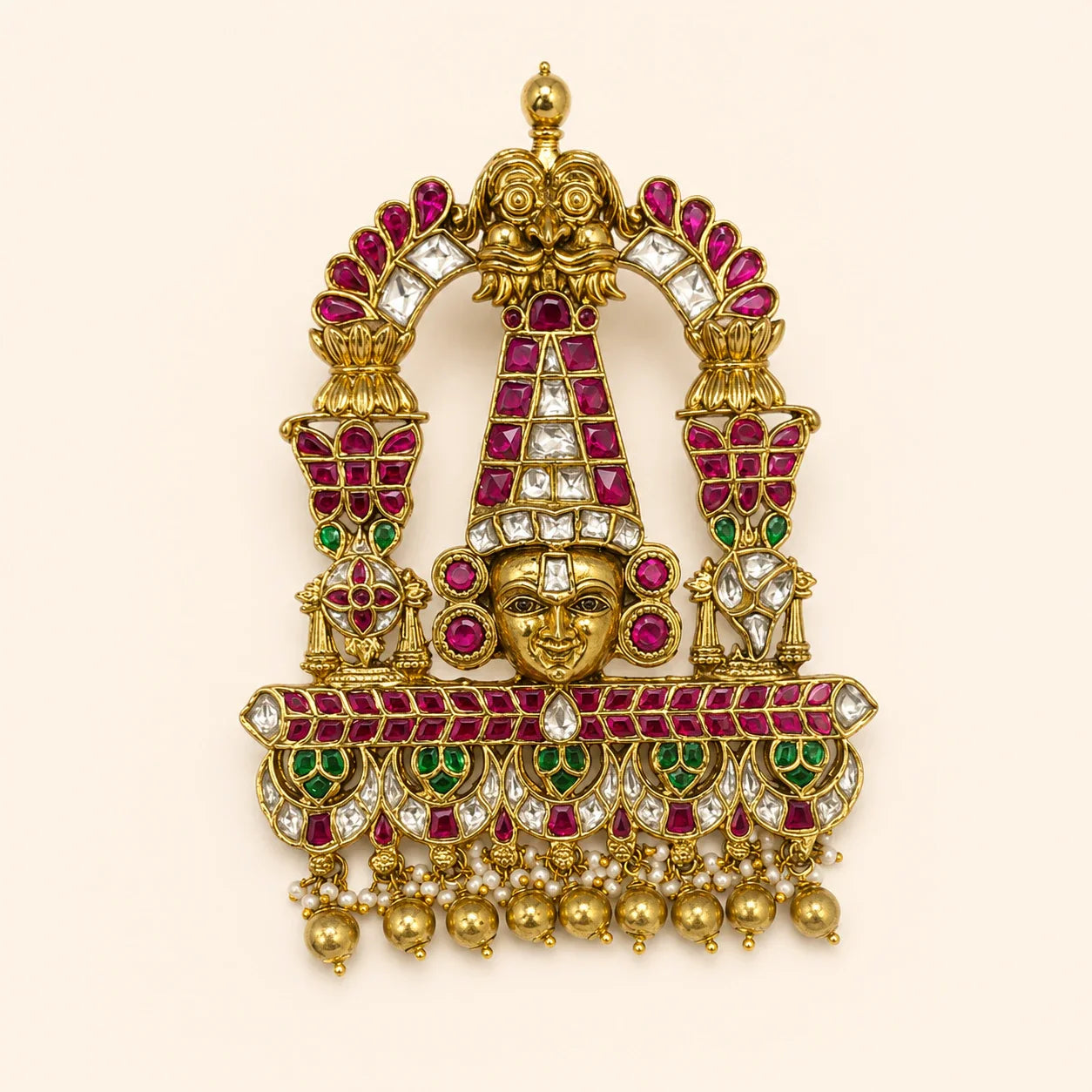 Front view of FeelOri Tirupati Balaji Jadau Kundan temple pendant with ruby, green and white stone details