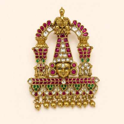 Front view of FeelOri Tirupati Balaji Jadau Kundan temple pendant with ruby, green and white stone details